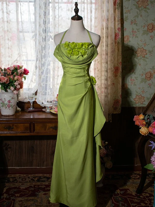 Green Halter Appliques Ruffles Vintage Long Party Dress MD7504