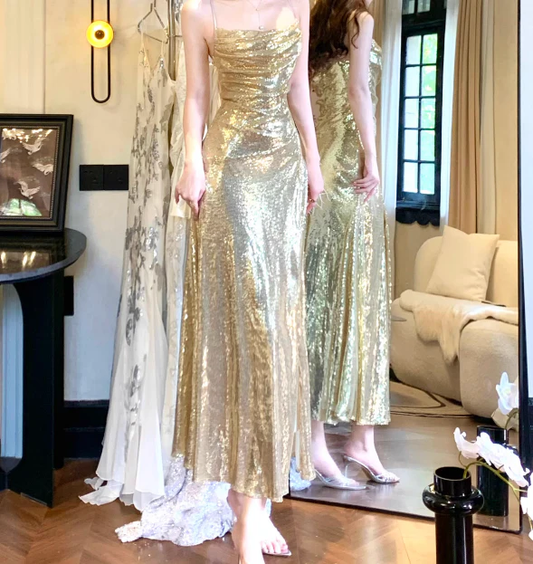 Gold Sequins Cross Back Sheath Long Party Dress Evening Gown MD7522