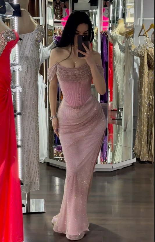 Stunning Off Shoulder Mermaid Pink Long Evening Party Dress Birthday Outfits MD7438