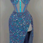 Blue Spaghetti Straps Sequins Long Evening Party Dress Birthday Outfits MD7437