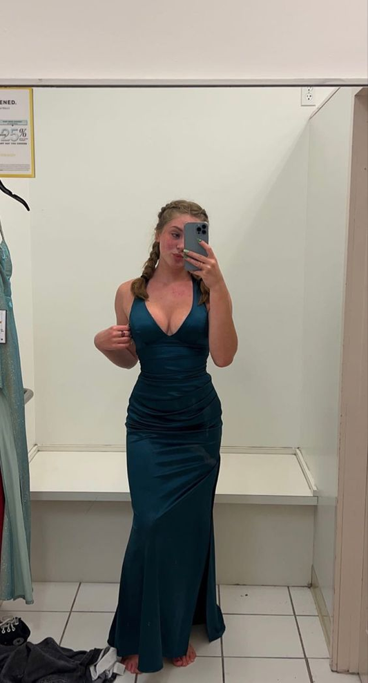 Dark Green V Neck Halter Mermaid Satin Long Prom Dress MD7340