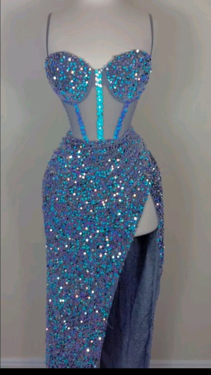 Blue Spaghetti Straps Sequins Long Evening Party Dress Birthday Outfits MD7437