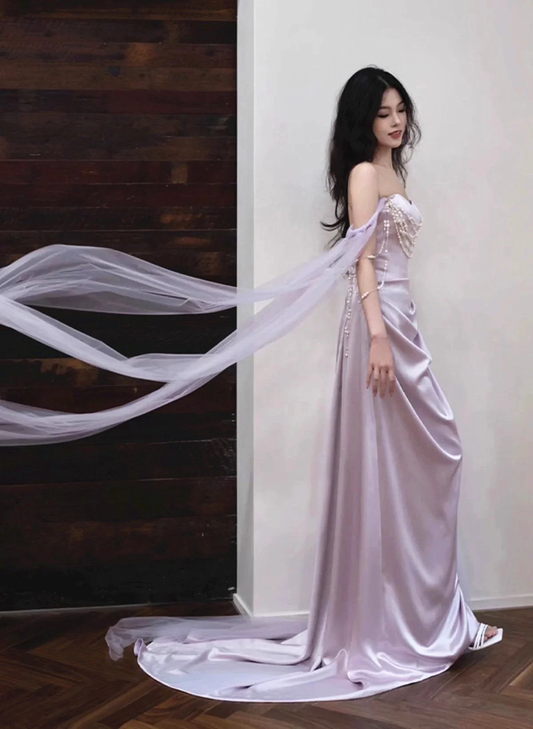 Light Lilac Off Shoulder Sheath Satin Long Party Dress Birthday Outfits MD7435