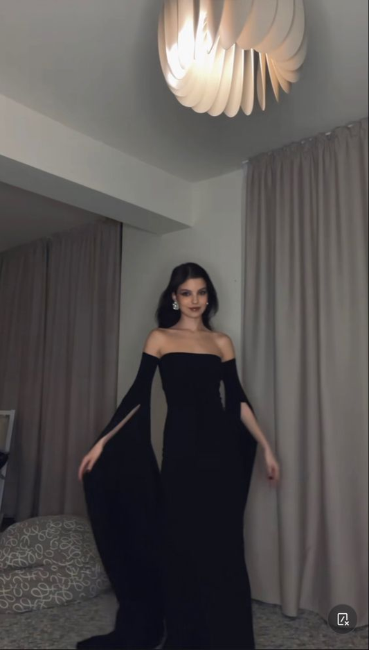 Black Off Shoulder Long Sleeves Mermaid Sexy Long Party Dress MD7339