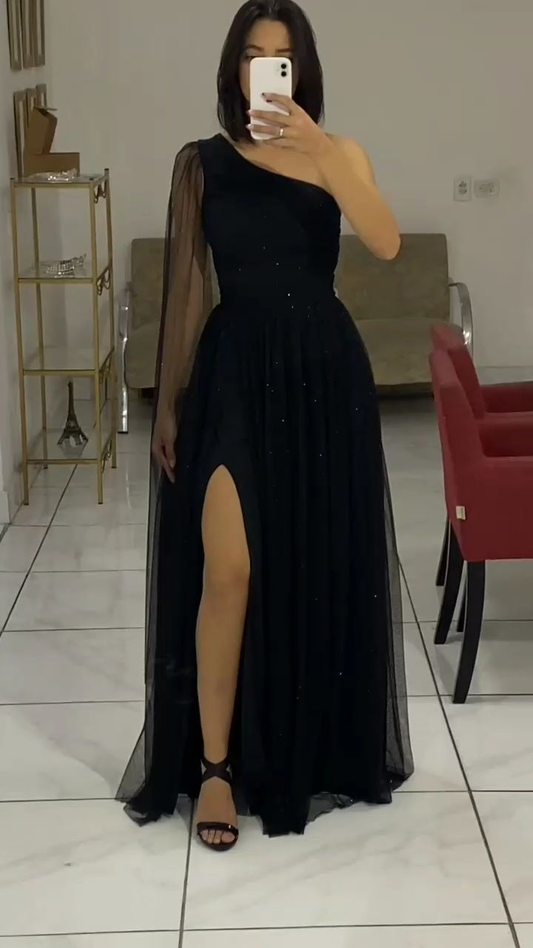 Black One Shoulder A-Line Tulle Long Formal Prom Dress MD7335