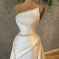 Graceful Ivory Satin Strapless Pleats With Pearls A-line Evening Gowns Prom Dresses M5898