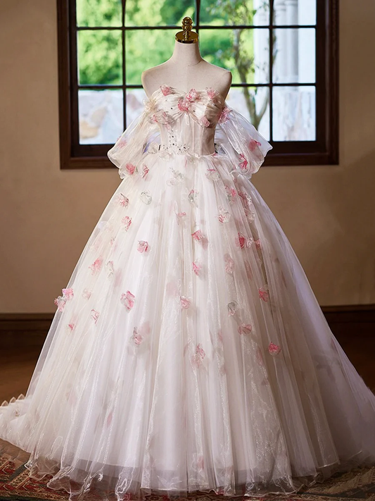 A-Line Tulle Floral Prom Dress, Off the Shoulder Formal Party Dress MD7199