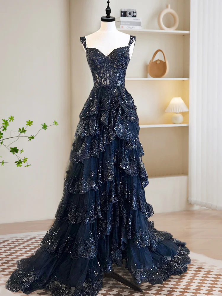 A-Line Tulle Sequin Dark Navy Long Prom Dress, Sequin Long Formal Dress  MD7237