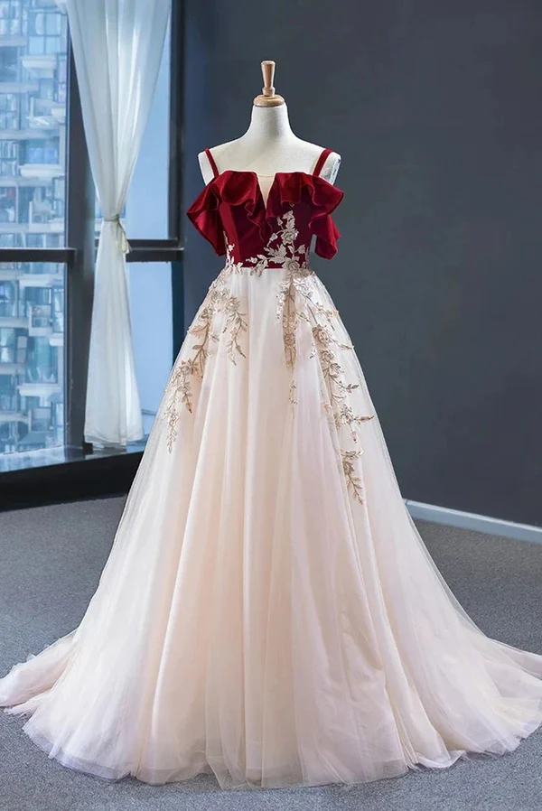 Red Straps Tulle Formal Dress Applique Prom Dress Formal Evening Gown MD7220