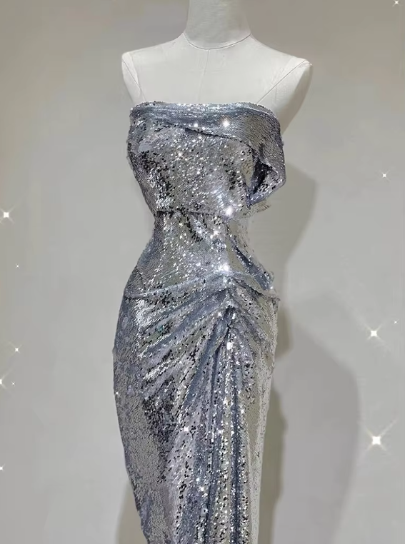 Silver Strapless Sequins Sheath Long Party Dress Birthday Outfits MD7375