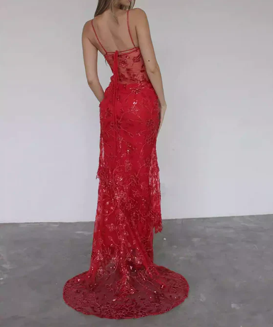 Gorgeous Red Straps Beading Lace Mermaid Long Party Dress Birthday Outfits MD7401