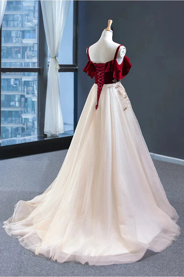 Red Straps Tulle Formal Dress Applique Prom Dress Formal Evening Gown MD7220