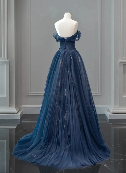 Navy Blue Off Shoulder A-Line Tulle Long Formal Party Dress MD7337