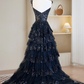 A-Line Tulle Sequin Dark Navy Long Prom Dress, Sequin Long Formal Dress  MD7237