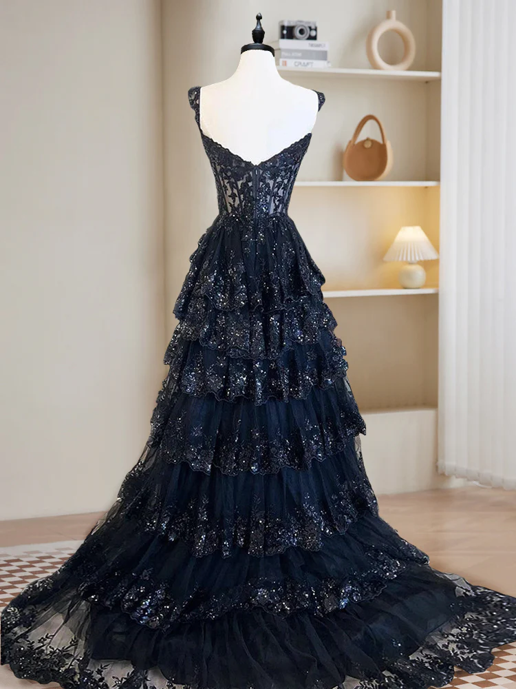 A-Line Tulle Sequin Dark Navy Long Prom Dress, Sequin Long Formal Dress  MD7237