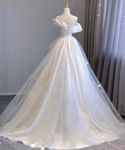 White Off Shoulder A-Line Tulle Satin Wedding Dress Birthday Gown MD7598