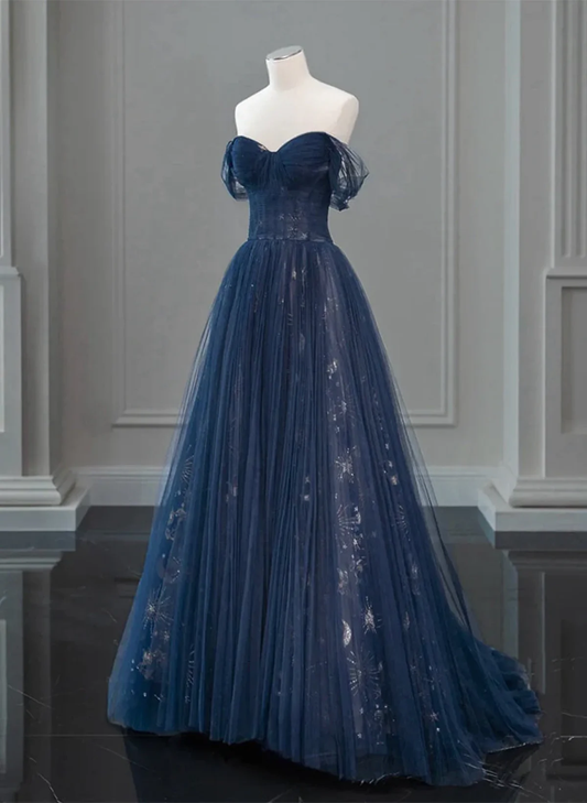 Navy Blue Off Shoulder A-Line Tulle Long Formal Party Dress MD7337