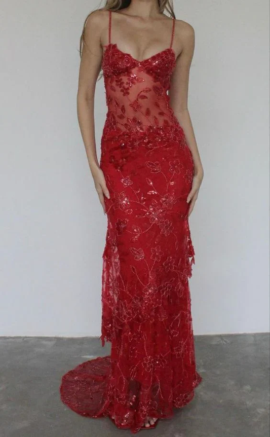 Gorgeous Red Straps Beading Lace Mermaid Long Party Dress Birthday Outfits MD7401