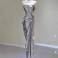 Silver Strapless Sequins Sheath Long Party Dress Birthday Outfits MD7375