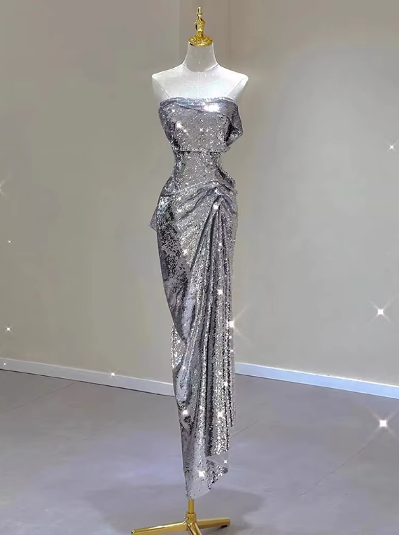 Silver Strapless Sequins Sheath Long Party Dress Birthday Outfits MD7375