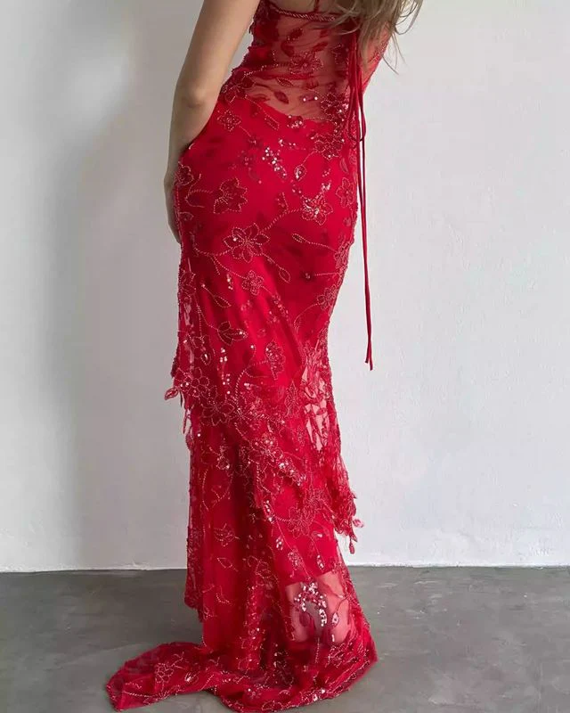 Gorgeous Red Straps Beading Lace Mermaid Long Party Dress Birthday Outfits MD7401