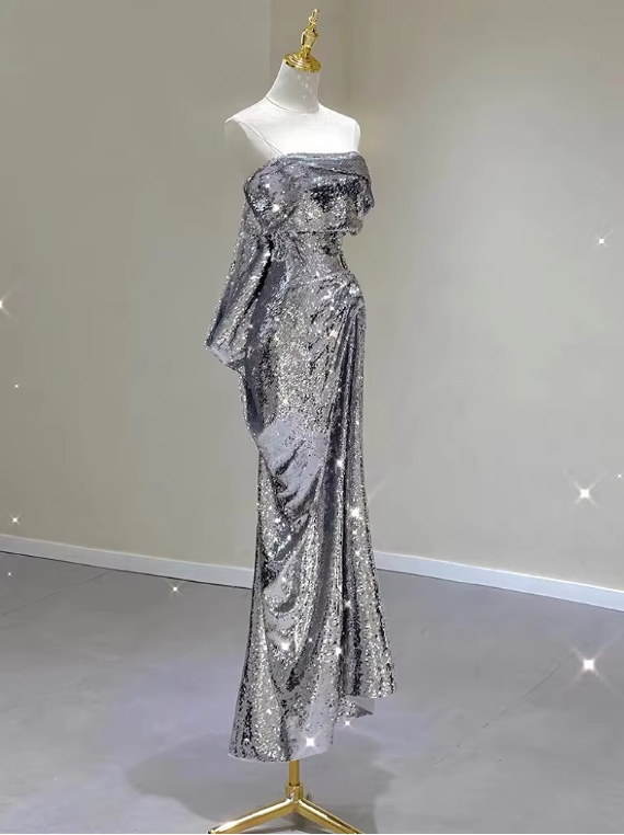 Silver Strapless Sequins Sheath Long Party Dress Birthday Outfits MD7375