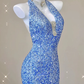 Blue V Neck Halter Sequins Sheath Long Party Dress Birthday Outfits MD7376