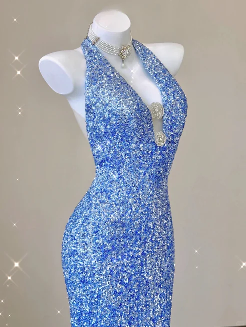 Blue V Neck Halter Sequins Sheath Long Party Dress Birthday Outfits MD7376