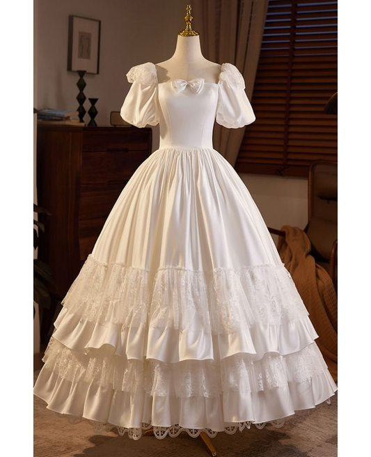 White A-Line Satin Lace Long Wedding Dress with Short Sleeves MD7324