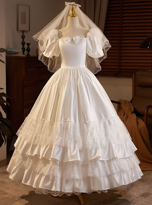 White A-Line Satin Lace Long Wedding Dress with Short Sleeves MD7324