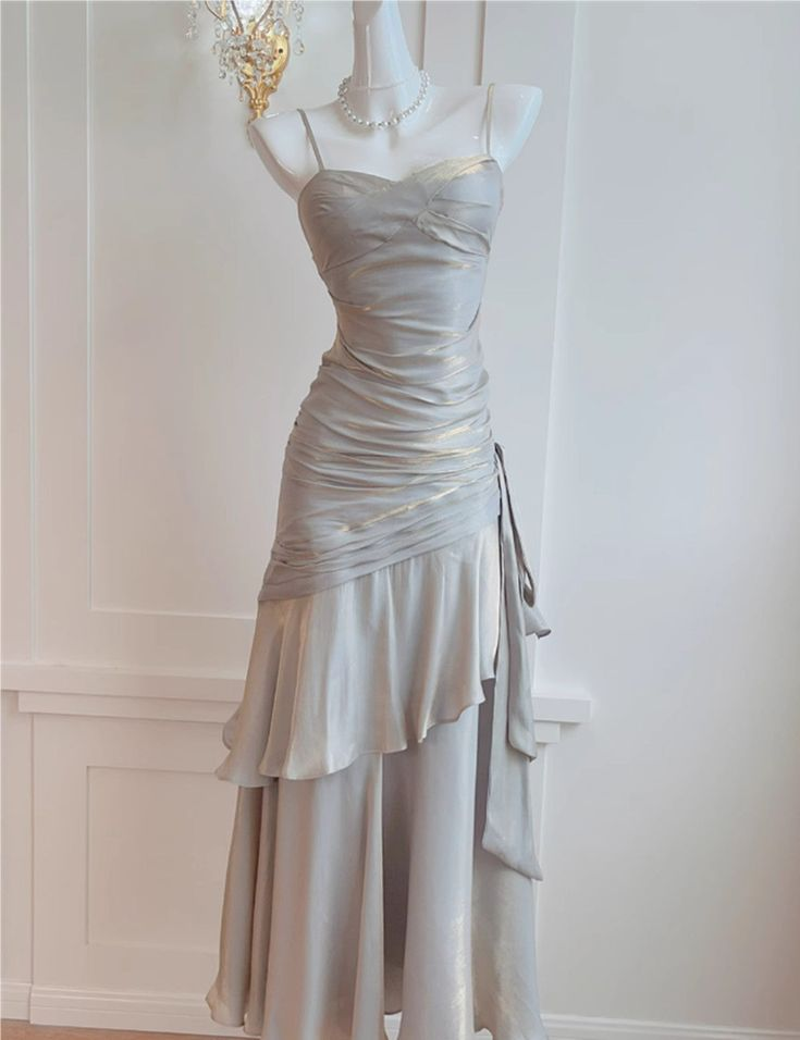 Silver Grey Straps Vintage Chiffon Long Party Dress Birthday Gown MD7487