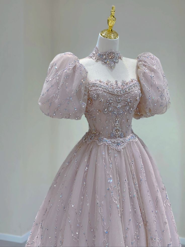 Light Pink A-Line Beading Princess Ball Gown with Short Sleeves MD7325