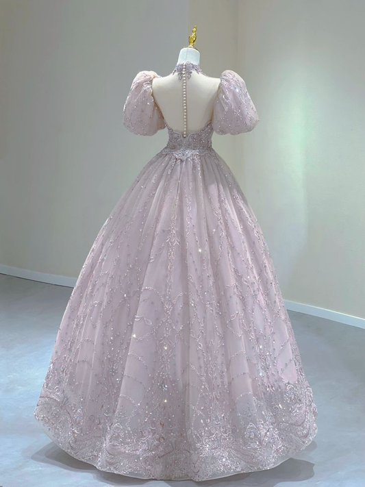 Light Pink A-Line Beading Princess Ball Gown with Short Sleeves MD7325