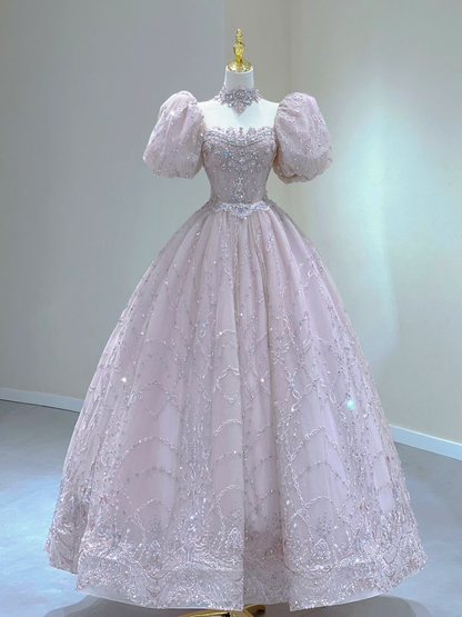 Light Pink A-Line Beading Princess Ball Gown with Short Sleeves MD7325