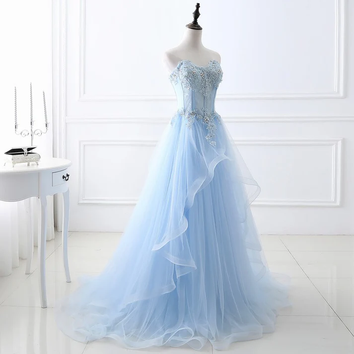 Baby Blue Strapless A Line Tulle Prom Dress Formal Party Dress M5815