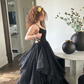 Black Straps A-Line Open Back Shiny Long Party Dress Birthday Gown MD7485