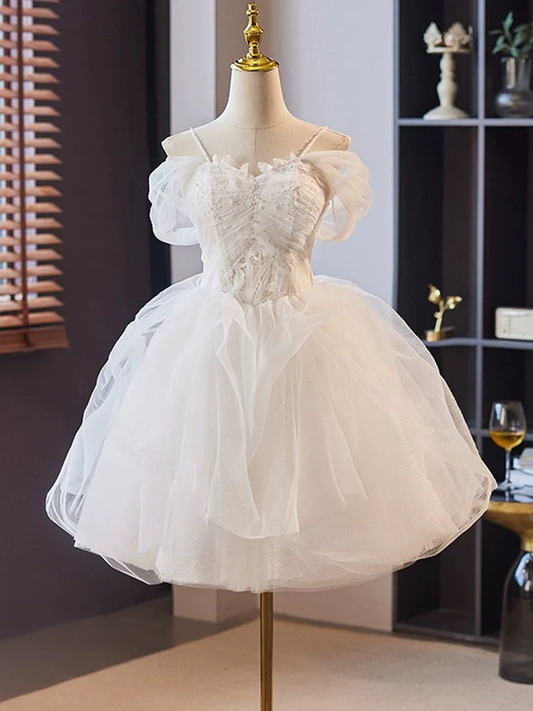 Off Shoulder Sweetheart Homecoming Dress Tulle Lace White Short Prom Dress  MD7230