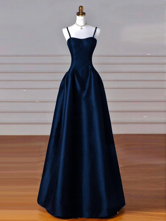 Simple A-Line Dark Blue Satin Long Prom Dress, Dark Blue Long Formal Dress  MD7238