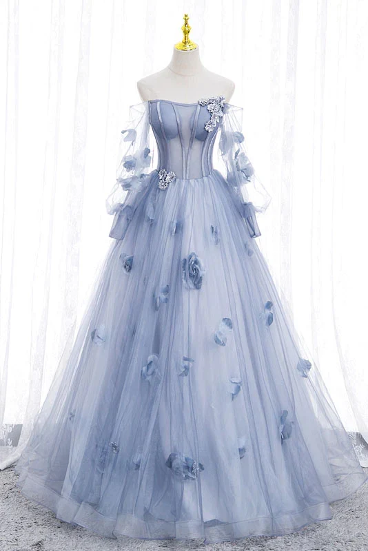 Off The Shoulder Blue Tulle Prom Dress With Flowers Quinceanera Dress MD7221