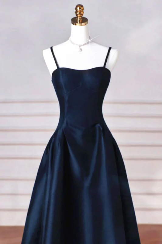 Navy Blue Spaghetti Straps A-Line Satin Long Formal Party Dress MD7338