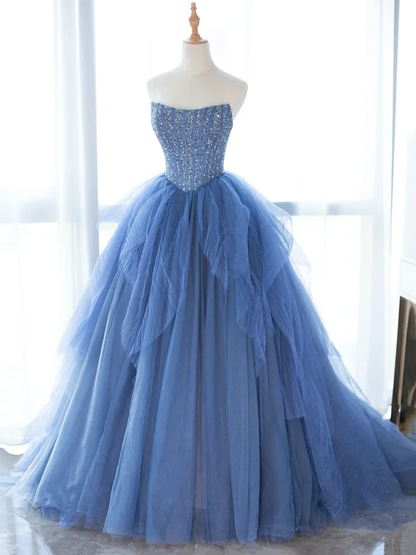 Blue Strapless Tulle Sequins Long Prom Dress, A-Line Formal Party Dress MD7200