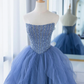 Blue Strapless Tulle Sequins Long Prom Dress, A-Line Formal Party Dress MD7200