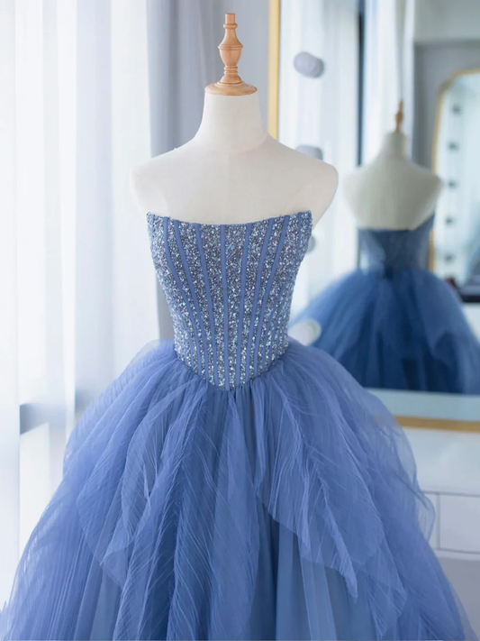 Blue Strapless Tulle Sequins Long Prom Dress, A-Line Formal Party Dress MD7200