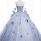 Off The Shoulder Blue Tulle Prom Dress With Flowers Quinceanera Dress MD7221