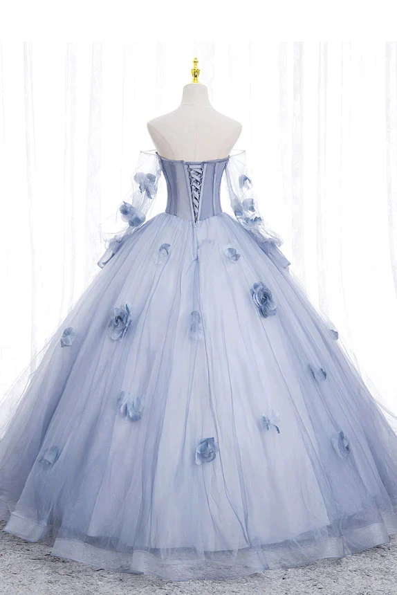 Off The Shoulder Blue Tulle Prom Dress With Flowers Quinceanera Dress MD7221