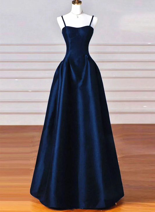 Navy Blue Spaghetti Straps A-Line Satin Long Formal Party Dress MD7338