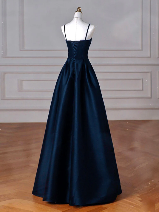 Simple A-Line Dark Blue Satin Long Prom Dress, Dark Blue Long Formal Dress  MD7238