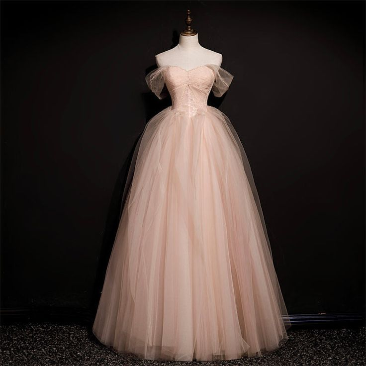 Lovely Pink Off Shoulder A-Line Tulle Long Formal Prom Dress MD7252