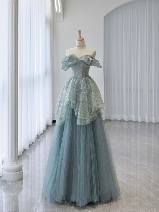 Blue Off Shoulder A-Line Tulle Sequins Long Formal Prom Dress Evenign Gown MD7520