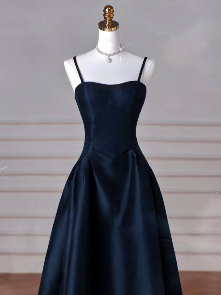 Simple A-Line Dark Blue Satin Long Prom Dress, Dark Blue Long Formal Dress  MD7238